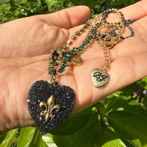 Heart Pendant Necklace in Black with Gold Fleur-de-Lis Betsy Johnson